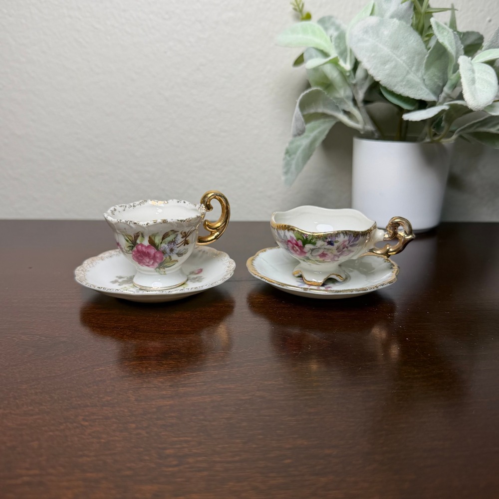 Vintage Enesco Miniature Floral Porcelain Teacup‎ and Saucer Set of 2 Japan Gold